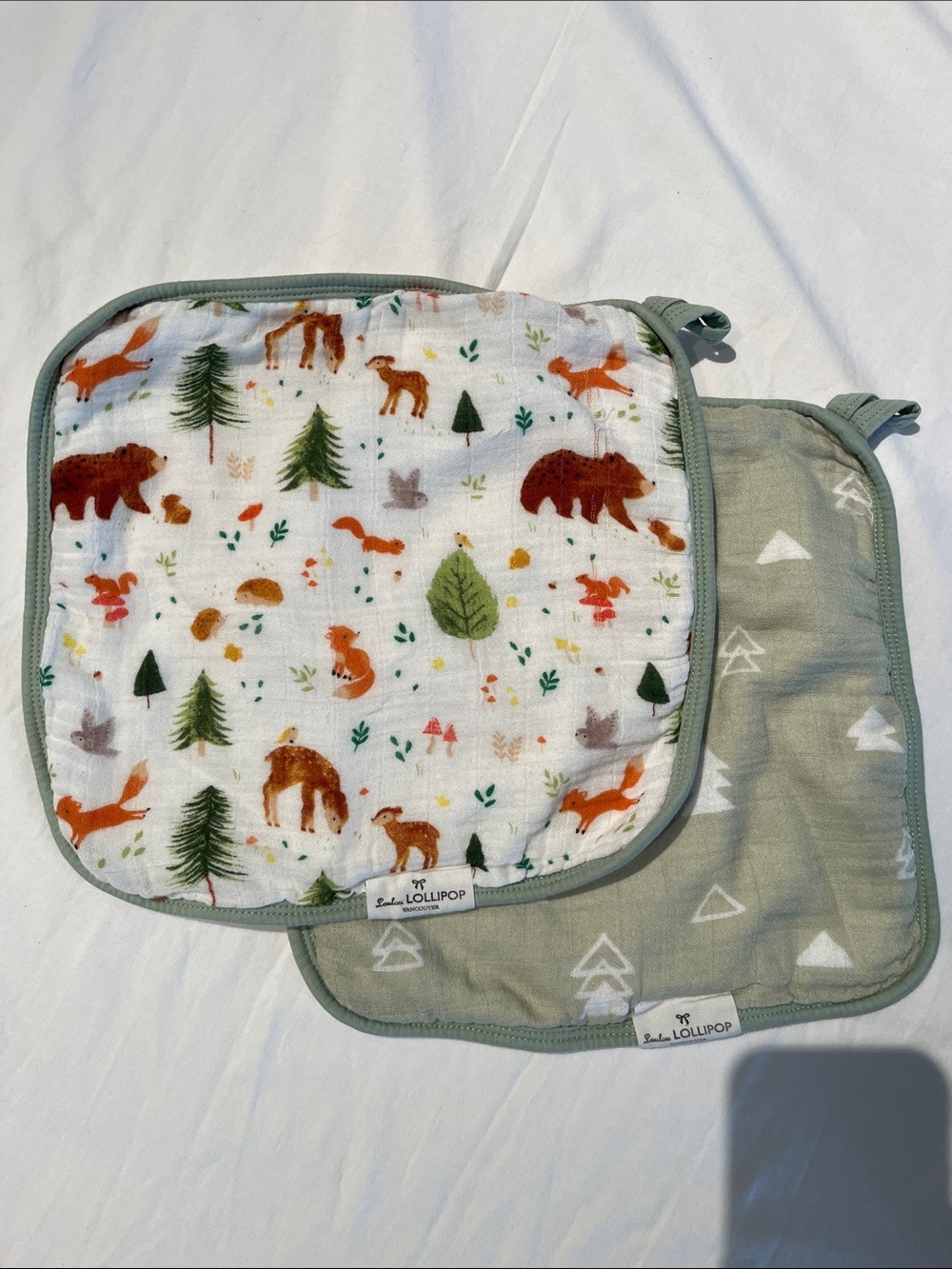LouLou Lollipop Forest Friends Print Wash Cloths - Sage & White